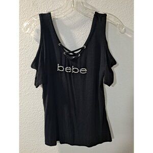 bebe Women's Rhinestone Bling Logo Black Tank Top w/Short Sleeve Stretch, Small
